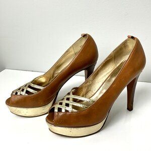 Michael Kors Brown Leather Peep Toe Platform Heels 8.5 M